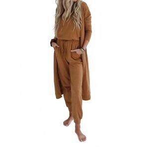 NEW THREE BIRD NEST set to go textured jumpsuit and cardigan set in camel